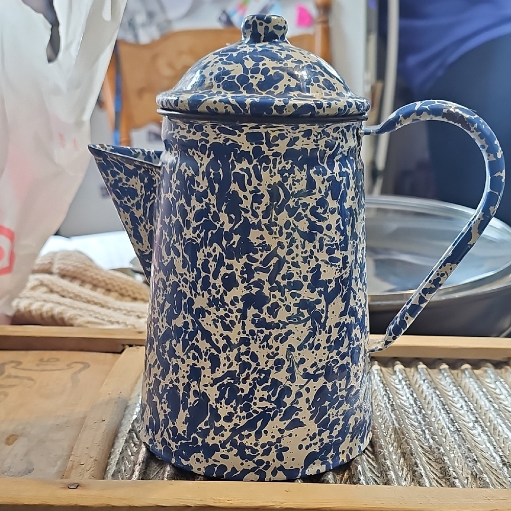 Speckled Blue and White Enamel Coffee Pot
